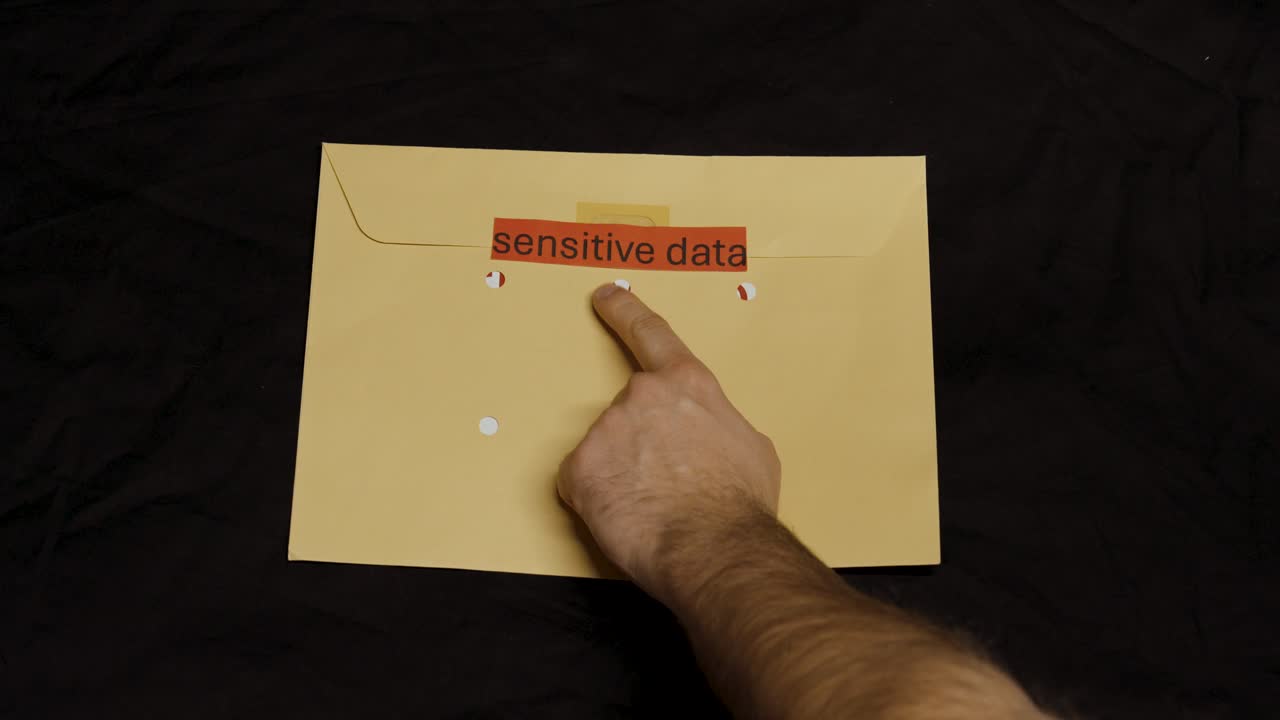 A person labels a brown envelope with a red “sensitive data” mark, emphasizing data protection and secure document handling