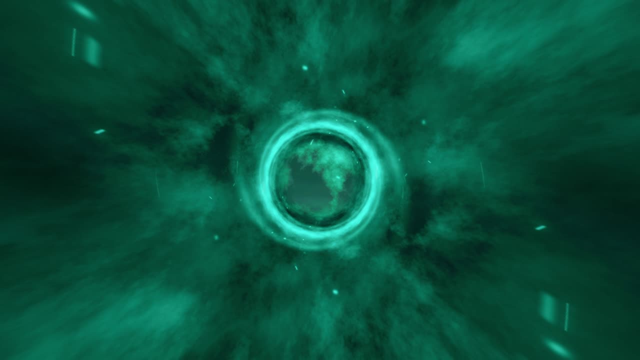 nube abstracta túnel de tormenta de viaje ciclo de animación color verde turquesa. 4k 3d hacer nubes tormentosas abstractas con partículas voladoras fondo de animación cinematográfica