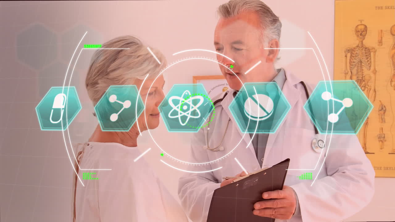 iconos médicos verdes sobre un paciente hablando con un médico en el fondo. propagación de covid-19