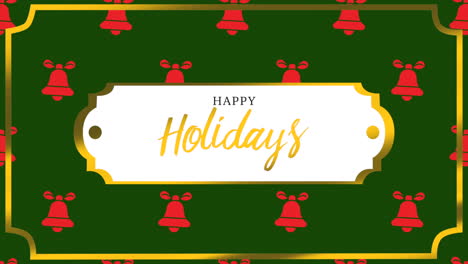 Happy-Holidays-with-red-bells-on-gold-frame-background