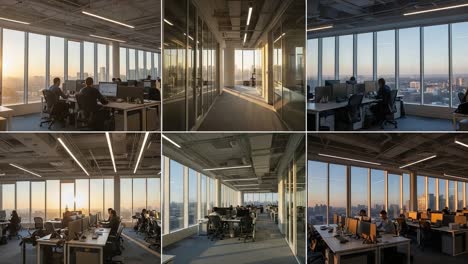 a modern office space capturing the serenity of sunset: enjoying stunning views while working at desks surrounded by glass walls and natural light