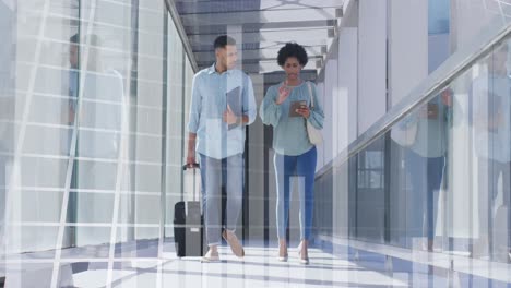 animation of financial data processing over diverse business people discussing work at office