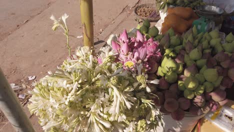 Handheld-Shot-of-Flowers-and-Fruit