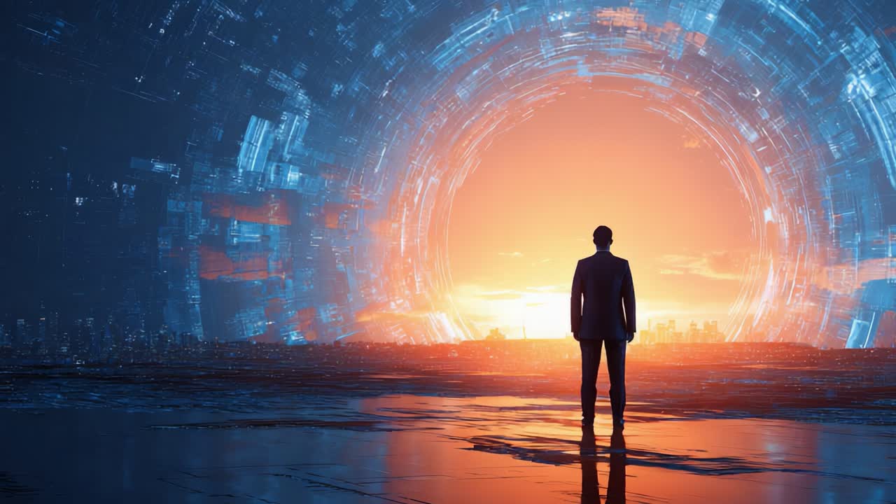 Silhouette of a businessman standing on a reflective surface, looking at a glowing circular gateway opening to a new opportunity in a surreal, futuristic sci fi cityscape at sunset