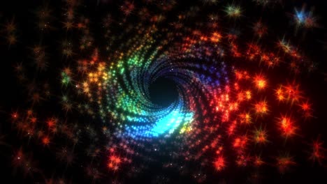 colorido brillante brillante neón brillante polvo de estrellas retorcido túnel en espiral en fondo negro. color arco iris mágico partículas voladoras. 4k 3d bucle sin costuras multicolor estrellas movimiento en espiral festivo bg.