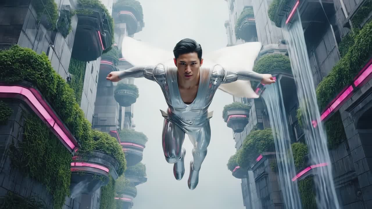 Asian Superhero Flying in Futuristic City