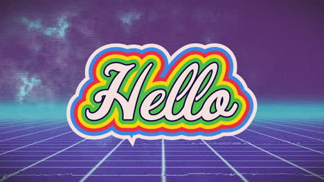 animación de texto de saludos sobre el cielo con nubes en fondo púrpura