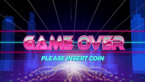 animation of game over text in pink metallic letters over digital city with blue lights