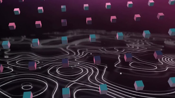 Moving rows of pink and blue cubes over white lines