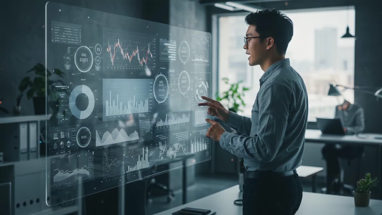 Innovative Data Visualization: A Business Professional Interacting with a High-Tech Transparent Display Showing Analytical Graphs and Metrics in a Modern Workspace