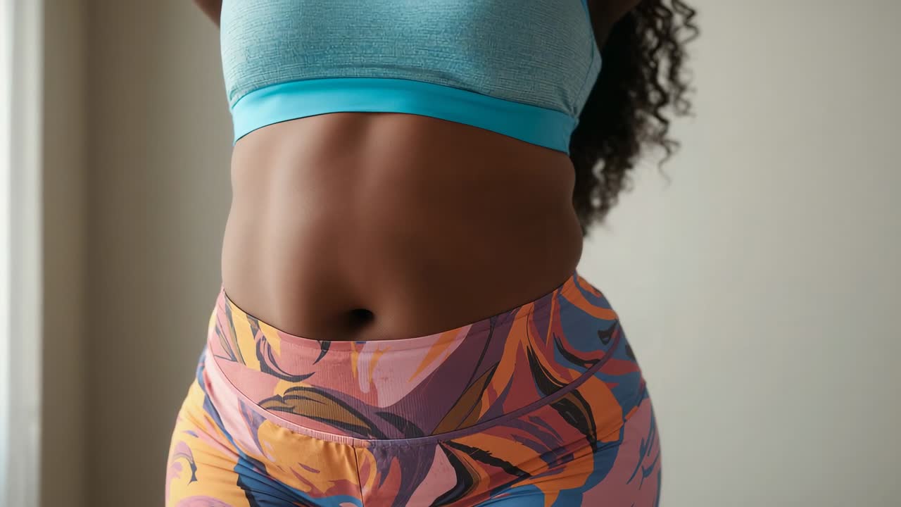 Straightening woman engaging core by window, wearing turquoise sports bra and leggings showing tone