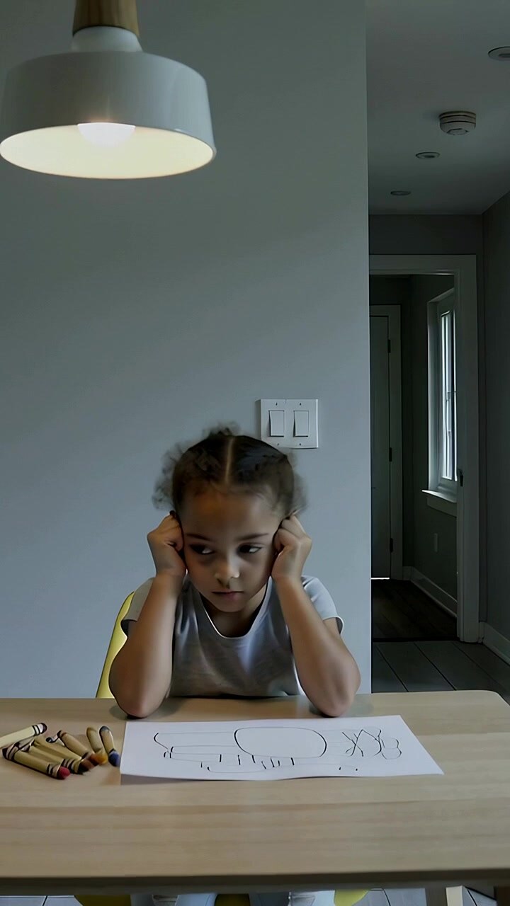 Vertical video: Holding girl in tee covering ears after drawing at home table with crayons near