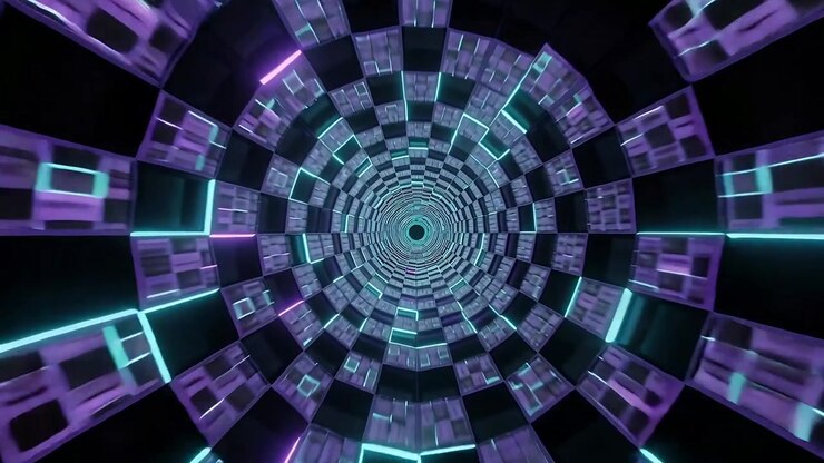 Rotating tunnel starting on viewer entry, creating illusion with neon checkered tiles in black void