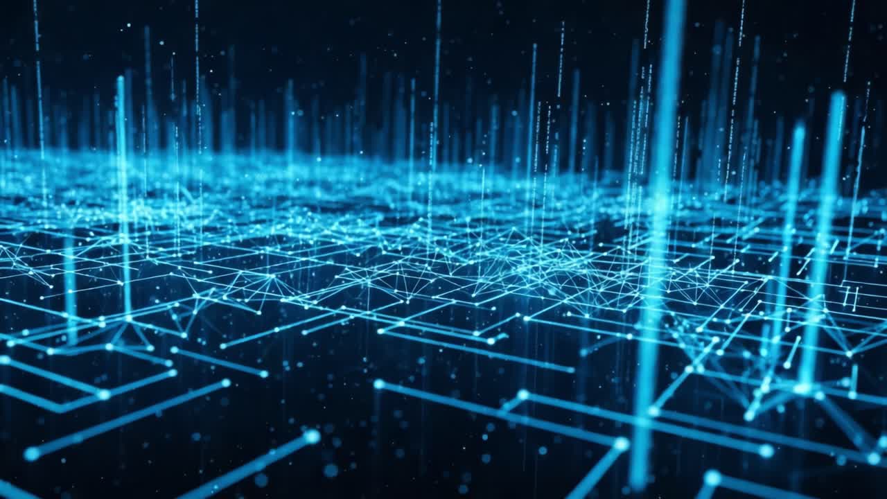 A Dynamic Visualization of Data Networks, Featuring Interconnected Structures and Illuminated Connections in a Fluid, Digital Landscape of Blue Light