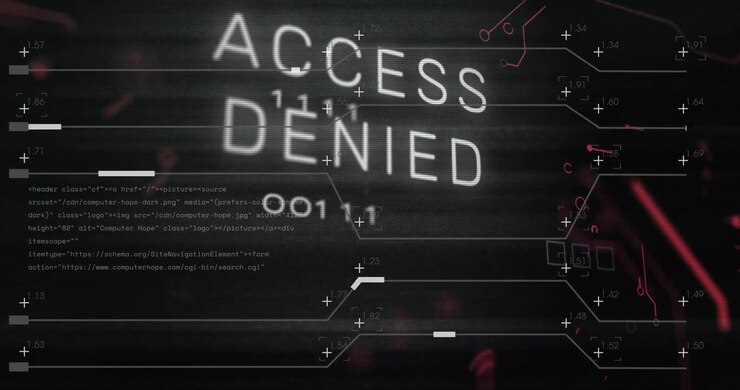 Fragments drifting assembling Access Denied flickering red with circuit pulsing signaling lockout