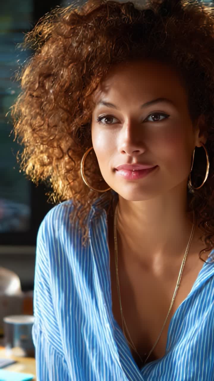 Retrato cativante de uma jovem mulher com cabelo cacheado e traços marcantes em um ambiente com iluminação suave, expressão focada e envolvente