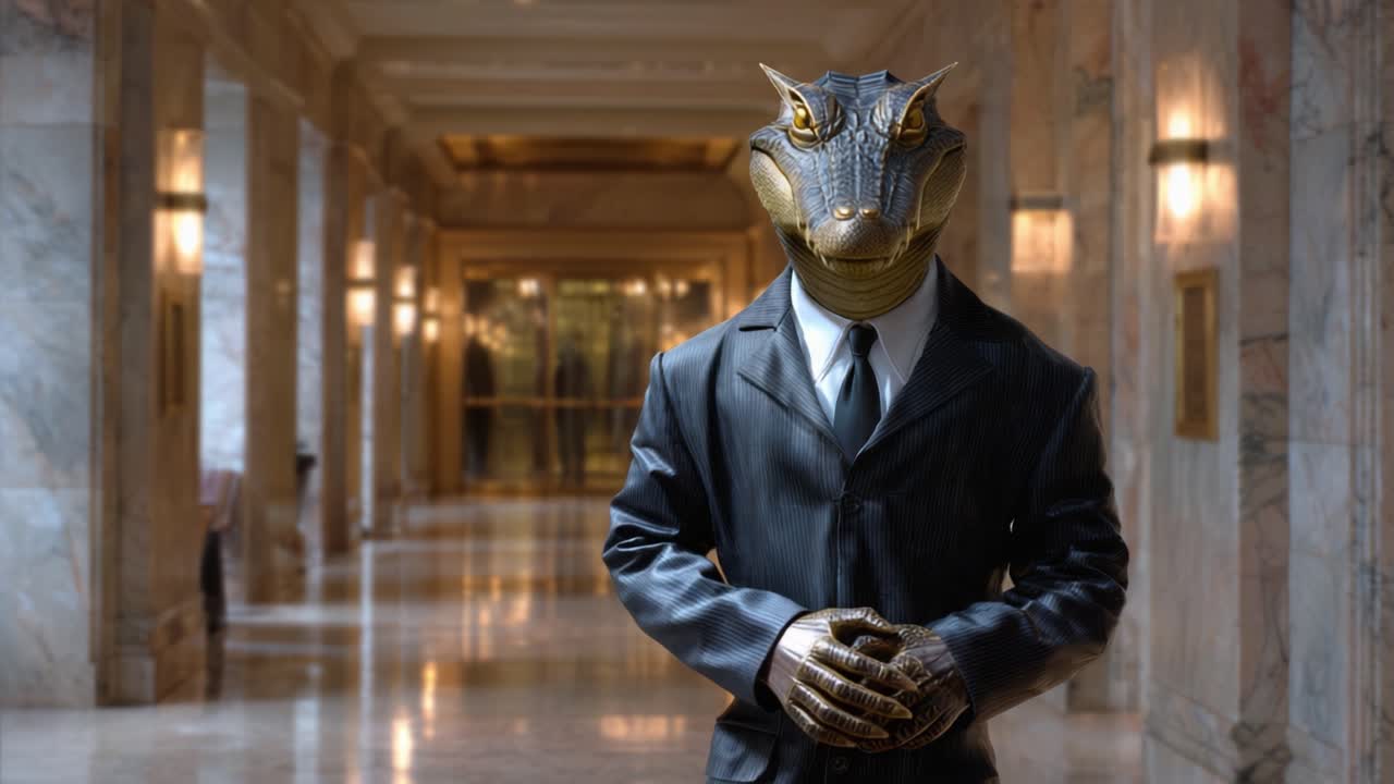 Un encuentro único con un hombre-lagarto en un gran pasillo, mezclando rasgos humanos y reptilianos en un entorno corporativo inesperado.