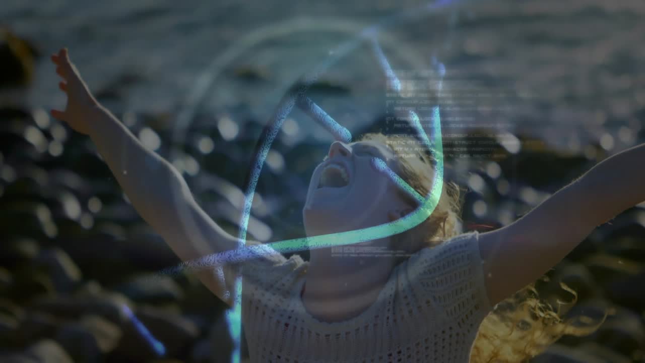 Mulher estendendo o braço em uma costa rochosa ativando arcos de holograma que animam o texto DOENÇA, promovendo a saúde