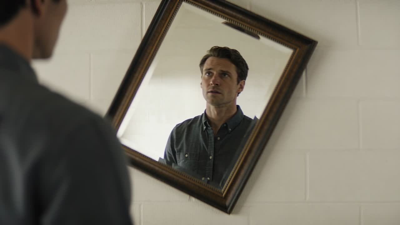 Vedendo il riflesso, uomo in camicia scura che gira la testa e lo sguardo a sinistra in uno specchio inclinato, controllandosi il viso