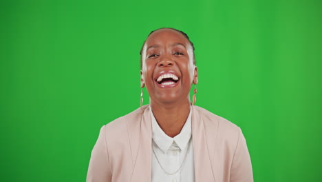 Business-woman,-laughing-and-portrait-on-green