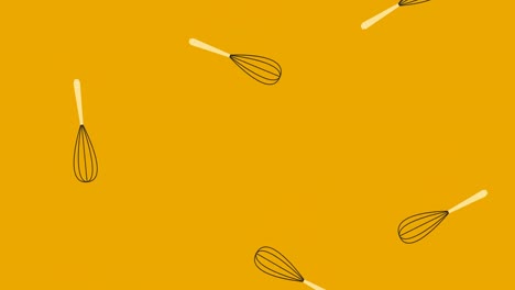 animation of illustration of black and cream egg whisks falling on yellow background