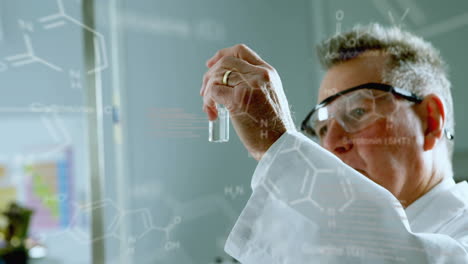 animation of data processing and chemical formula over caucasian male scientist doing experiment