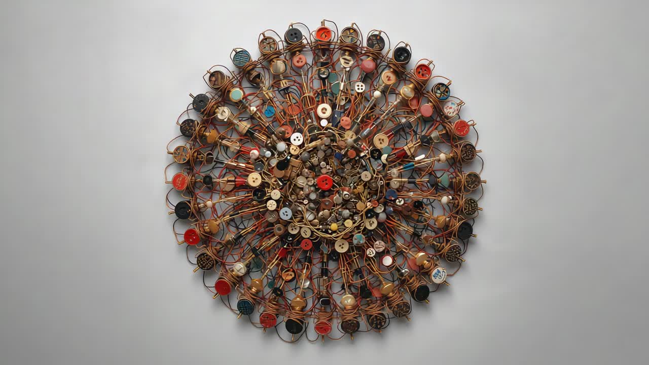 Sich langsam nähernde Kamera, die langsam auf eine runde Wandskulptur in einer Galerie zoomt und Knöpfe und Perlen enthüllt