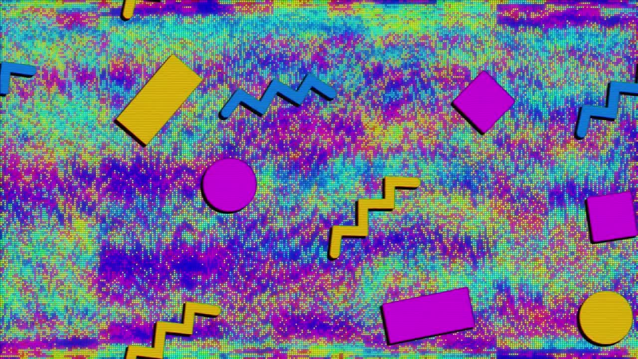 Animazione di forme geometriche ripetute gialle, blu e rosa su uno sfondo multicolore sfumato.