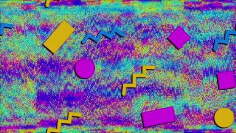 Animation-Wiederholter-Gelber,-Blauer-Und-Rosa-Geometrischer-Formen-Auf-Einem-Verschmierten-Mehrfarbigen-Hintergrund