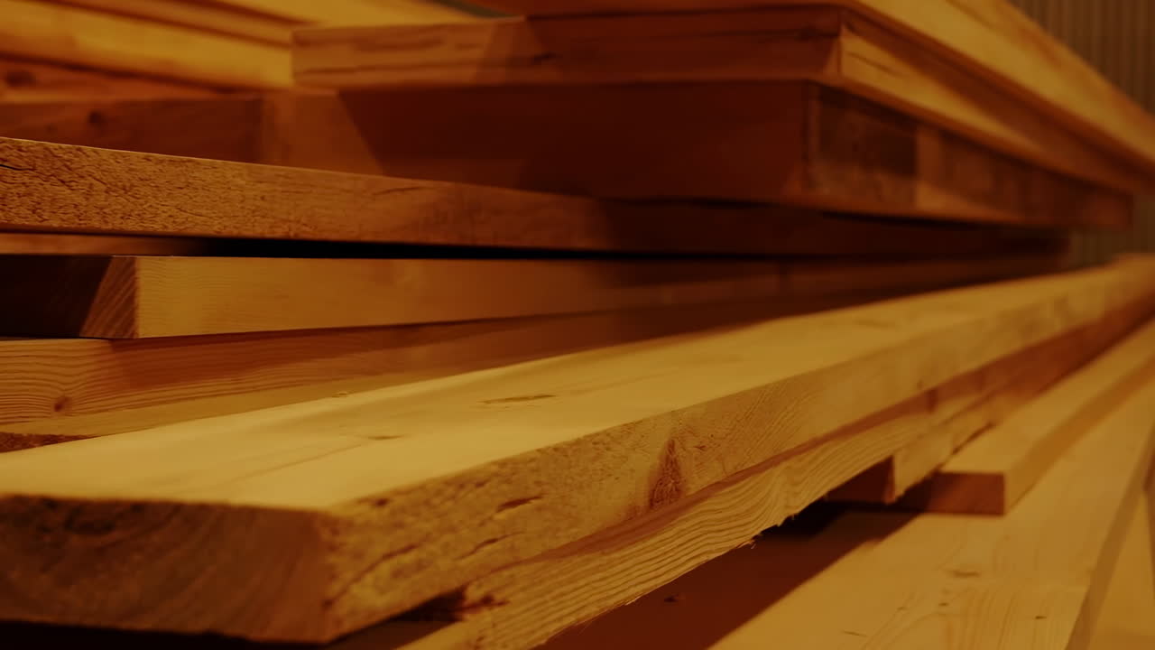 Tablones de madera de pino apilados con luz ámbar cálida, primer plano de madera estratificada en palé de almacén, veta visible.