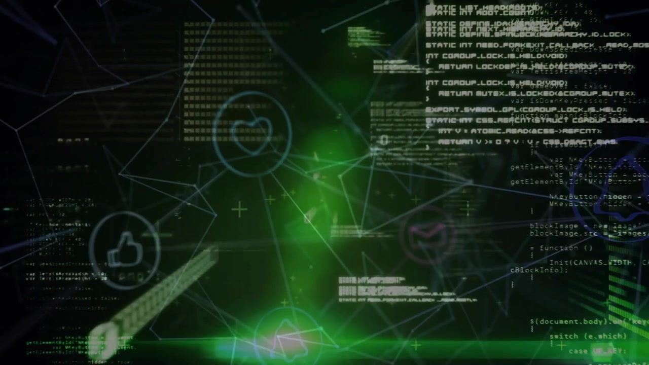 Pulsing green beam starting code bits and icons connecting and visualizing digital network