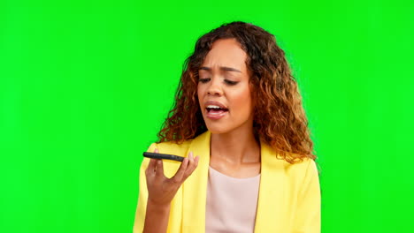 Phone-call,-speaker-and-angry-woman-on-green