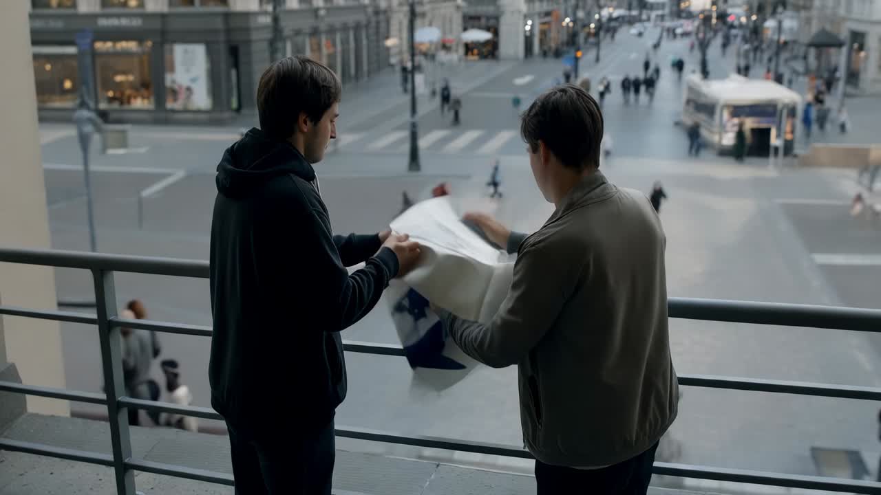 Unfolding cloth, two males unveiling PRO LIFE banner on balcony to face street, in hoodie, jacket