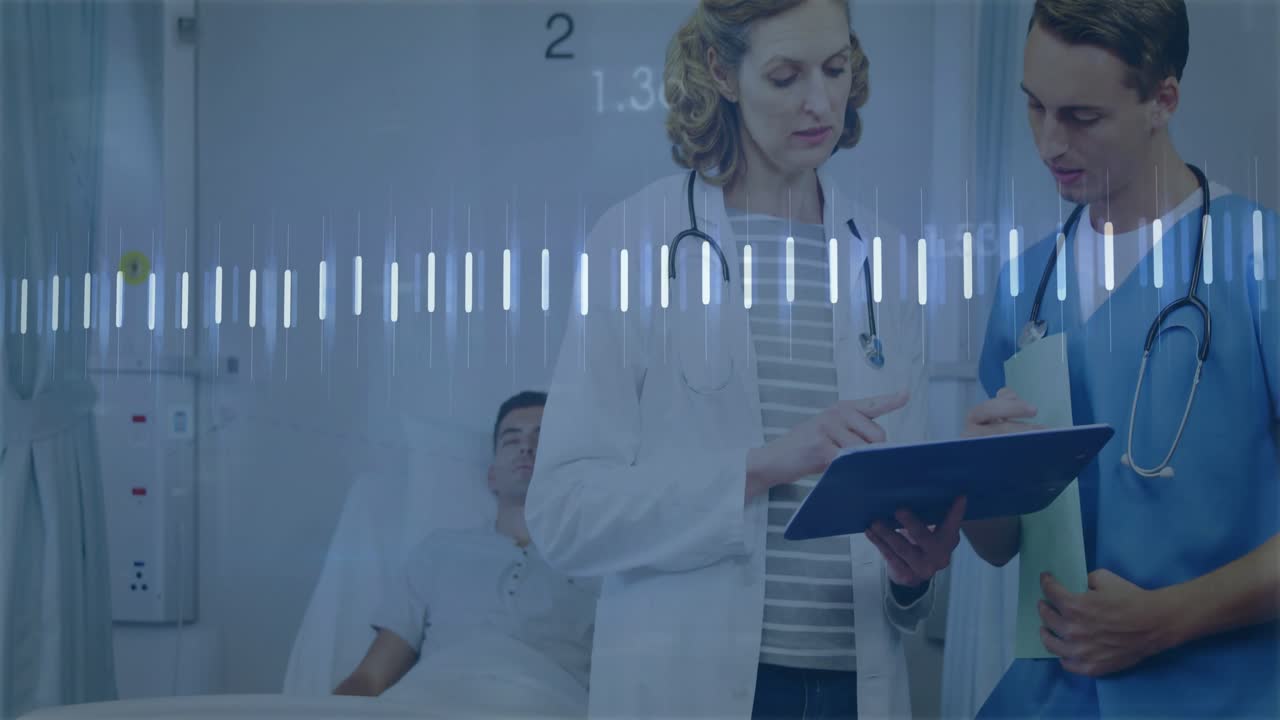 Doctor tapping clipboard reviewing vitals while fluctuating waveform triggers nurse pointing chart