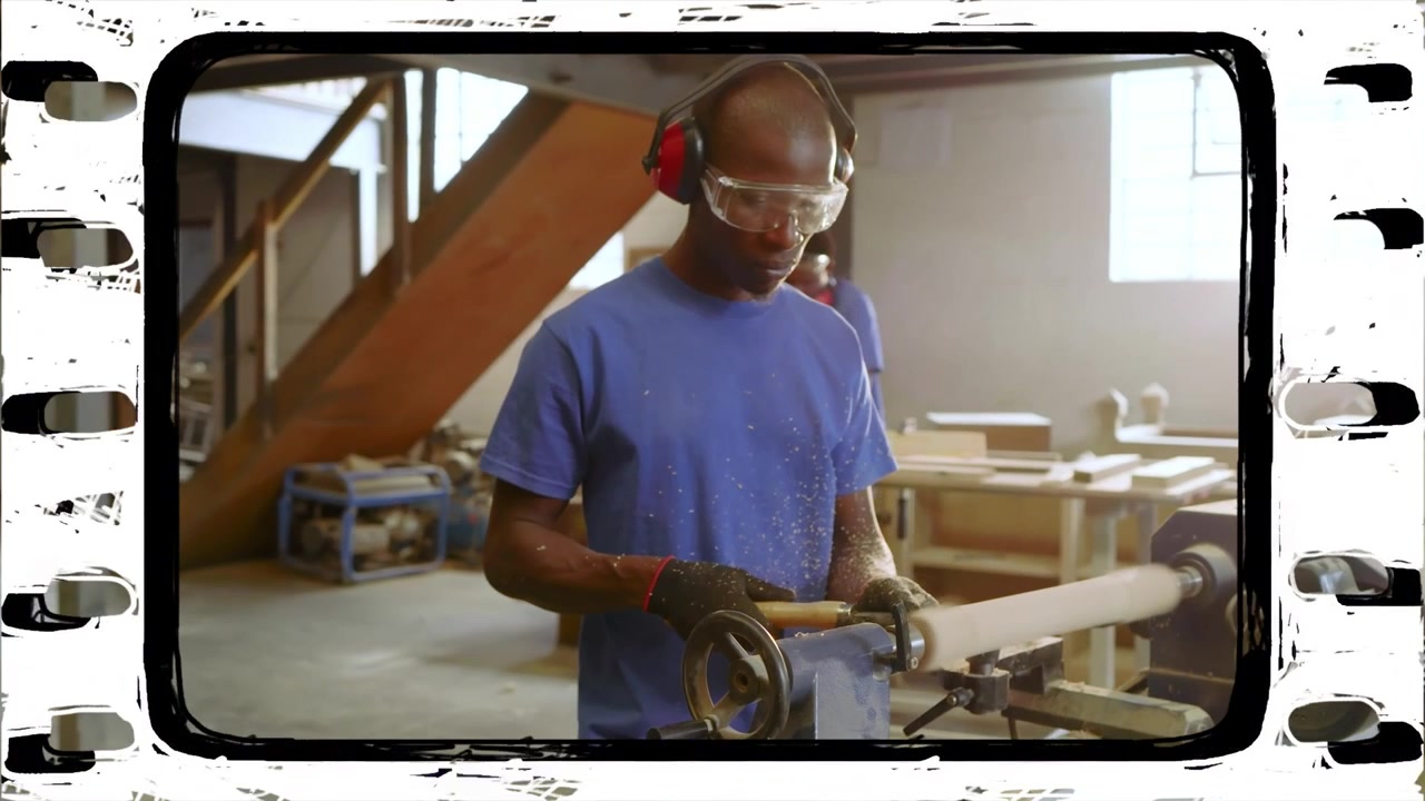Falegname che carica il tornio, modellando un fuso di legno mentre una sovrapposizione guida i tagli, mostrando icone di sicurezza