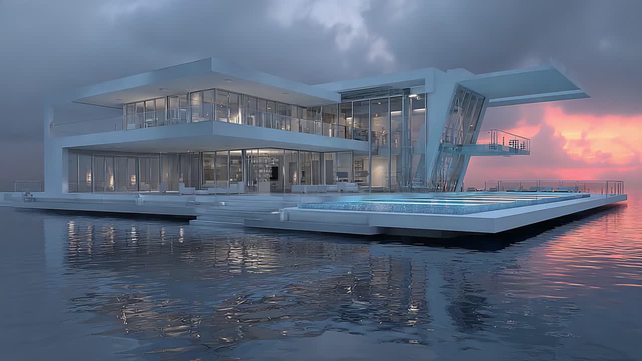 Betagende moderne vandkantsarkitektur med elegant design, reflekterende pool og innovative funktioner under en dramatisk solnedgangshimmel
