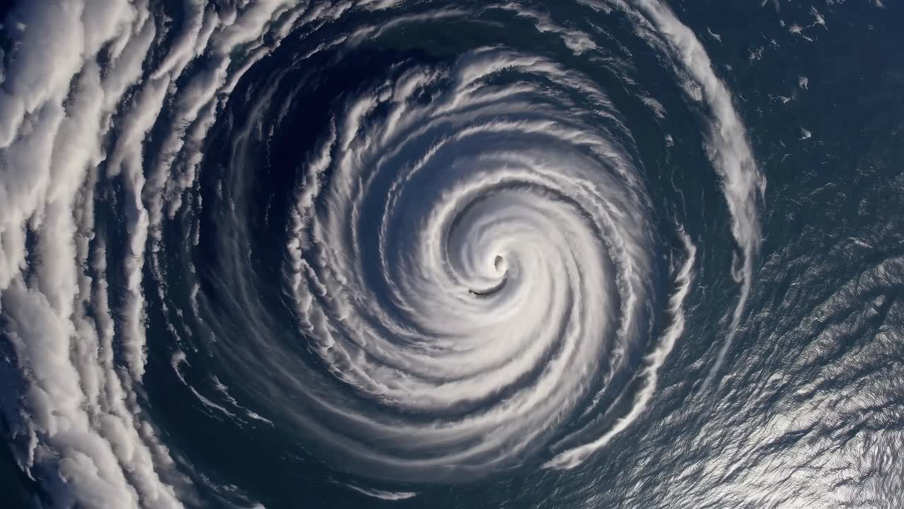 Luftfoto af en kraftig orkan, der hvirvler over havet