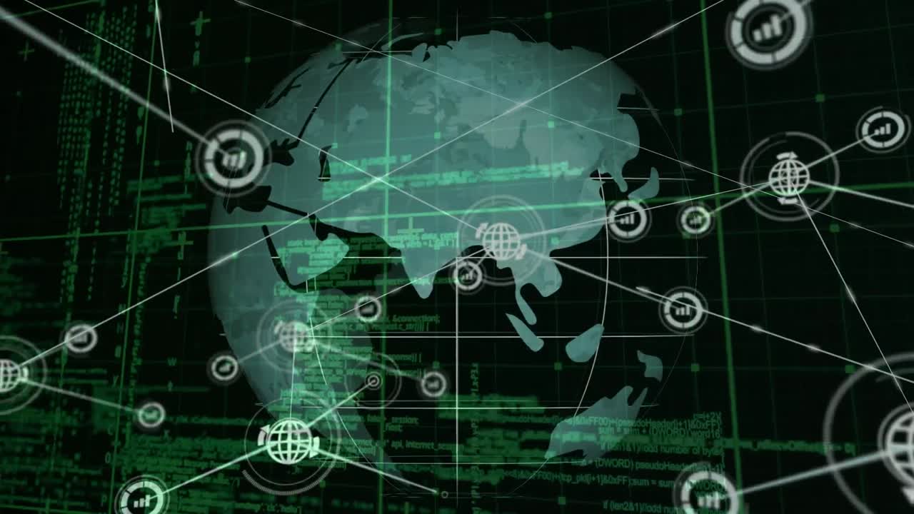 animación de la red de conexiones con iconos sobre el globo y la cuadrícula