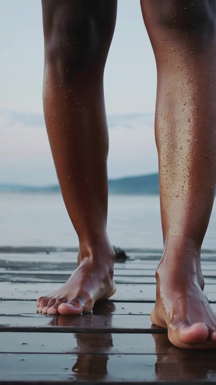 Video verticale: Piedi di un uomo che cammina che partono da una posizione fissa, spostando il peso su un molo bagnato.