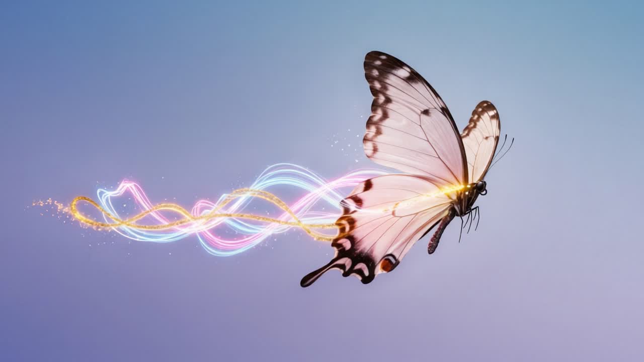 A stunning and vibrant butterfly gracefully takes flight, leaving a trail of colorful light and sparkles in a magical display of nature's beauty