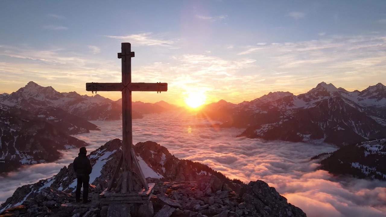 Um Nascer do Sol Sereno Acima das Nuvens: Uma Vista Majestosa do Cume com uma Cruz, enquanto o Sol Nasce sobre Picos Nevados e um Mar de Nuvens no Vale
