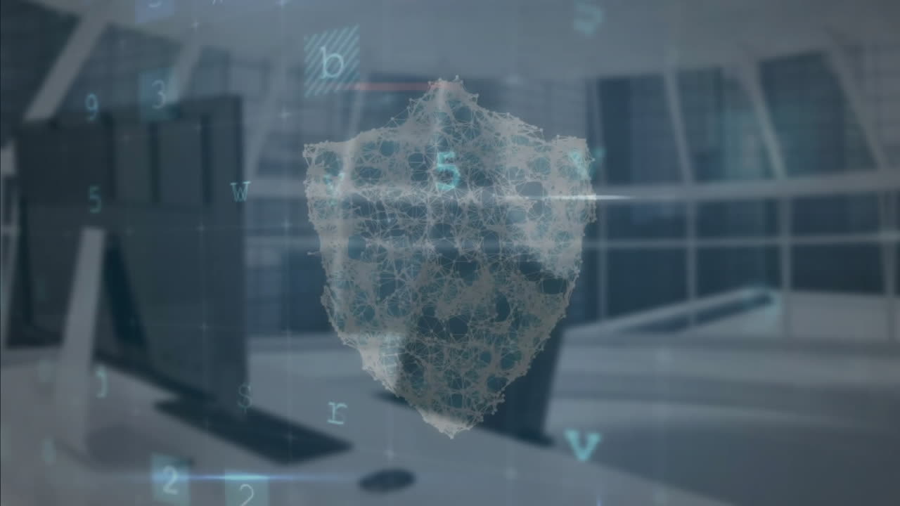 animación de texto de advertencia de seguridad cibernética y escudo sobre la oficina