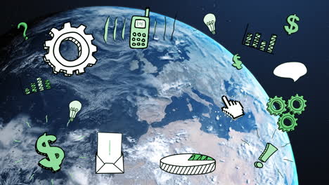 animation of network of digital business icons over planet earth