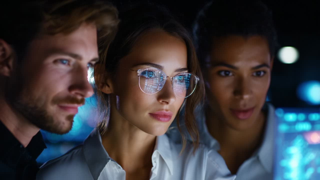 A group of focused individuals analyze complex data on digital displays, showcasing teamwork and collaboration in a technologically advanced environment, emphasizing innovation and problem-solving skills