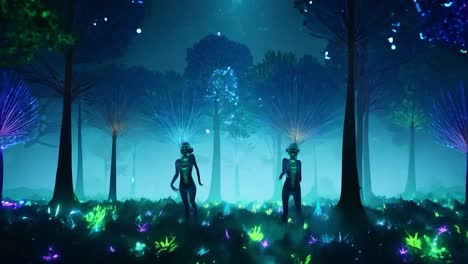 two figures walk through a glowing forest at night