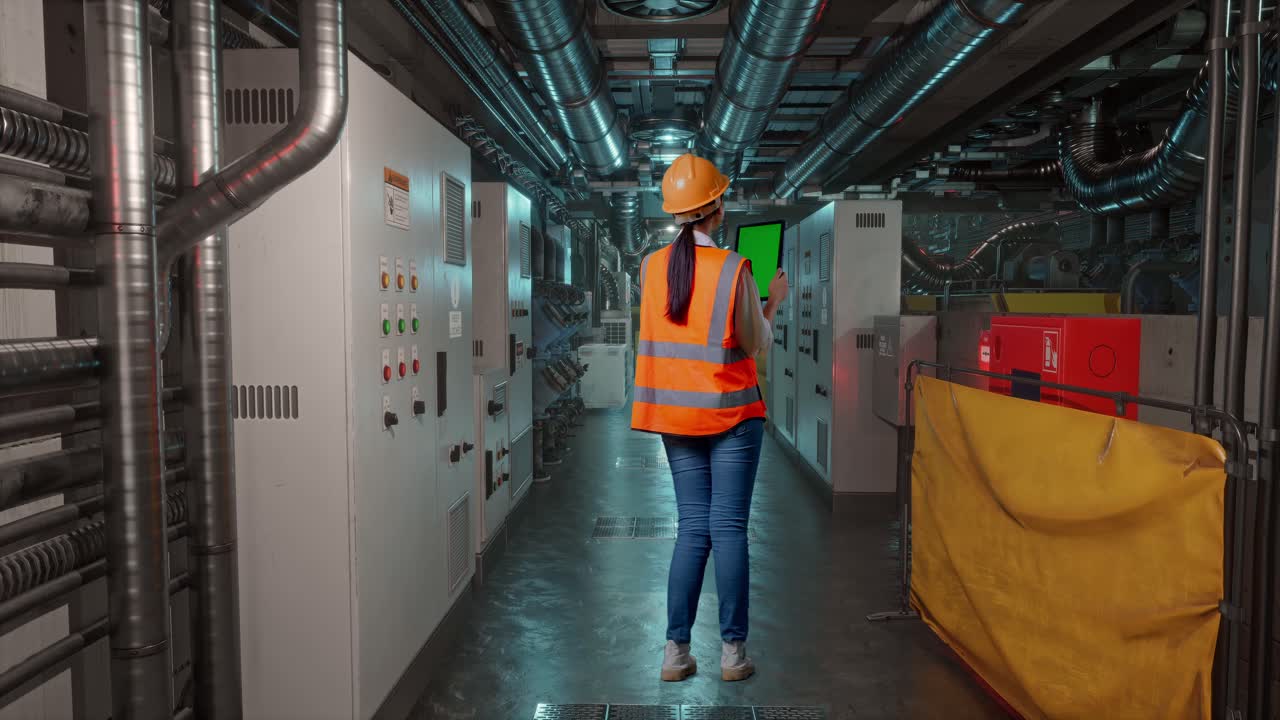 Full Body Back View Of Asian Female Engineer With Safety Helmet Working On A Green Screen Tablet And Looking Around In Engine Control Room, Work Of Electrical Generators