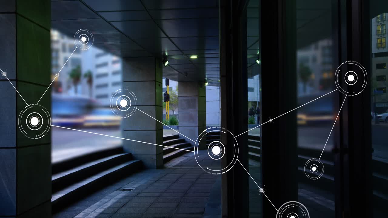 거리에서  ⁇ 는 사람들 위에 아이콘으로 연결된 네트워크의 애니메이션