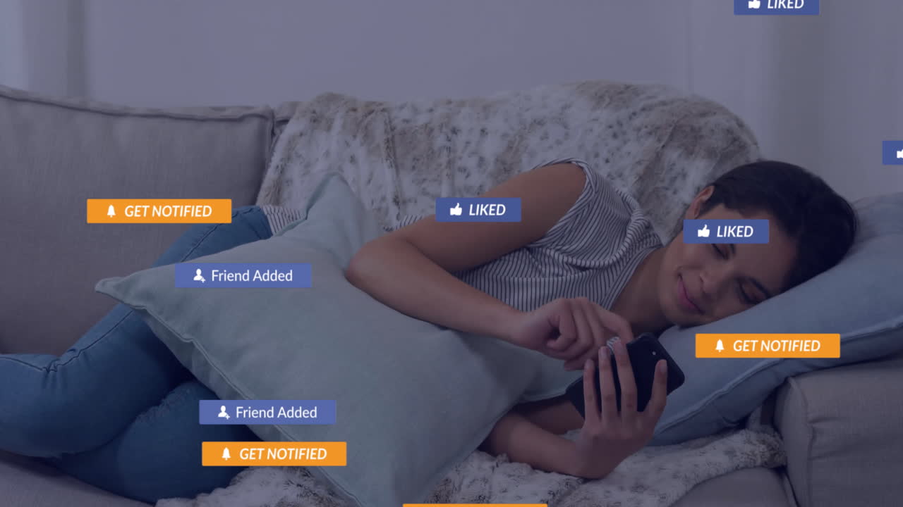 Relaxing on couch, woman using phone with social media notifications appearing