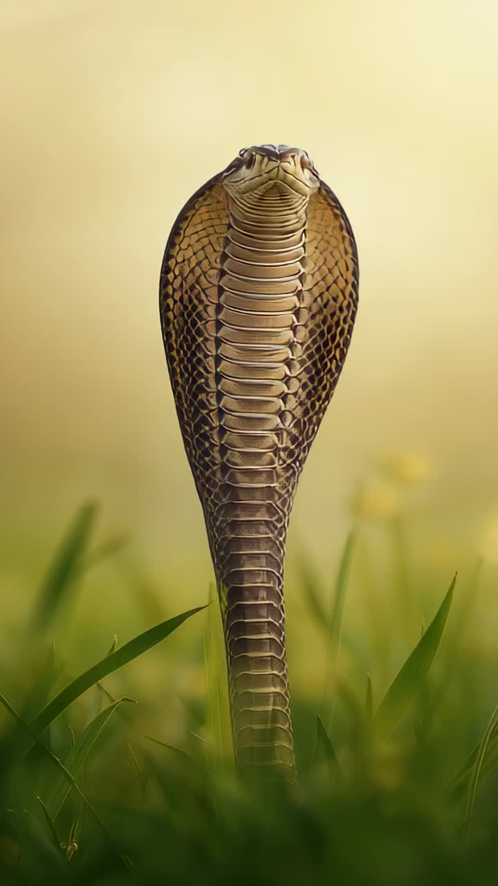 Video verticale: serpente incappucciato che emerge dall'erba, eretto e con il cappuccio allargato per avvertire della minaccia