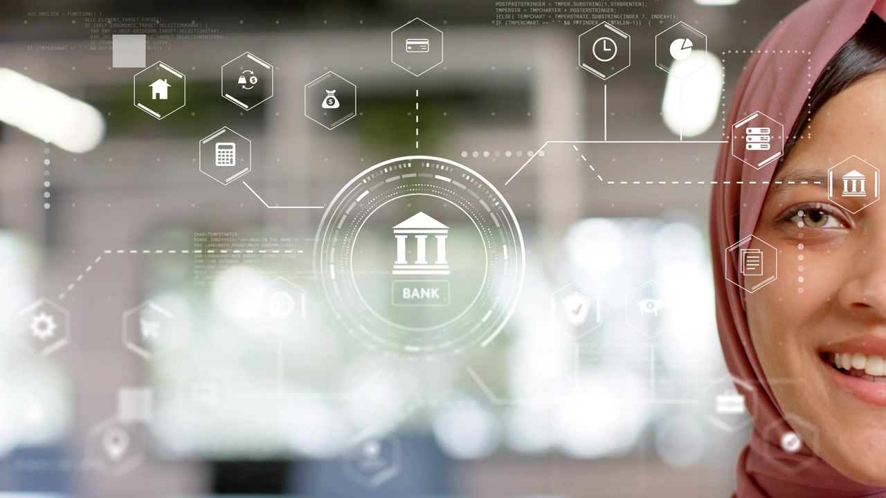 Woman holding gaze, smiling in office, HUD appearing and animating bank icons showing finance